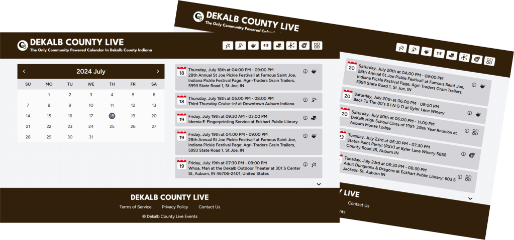 Dekalb County Indiana Event Calendar showing dates of July 18th - July 20th 2024