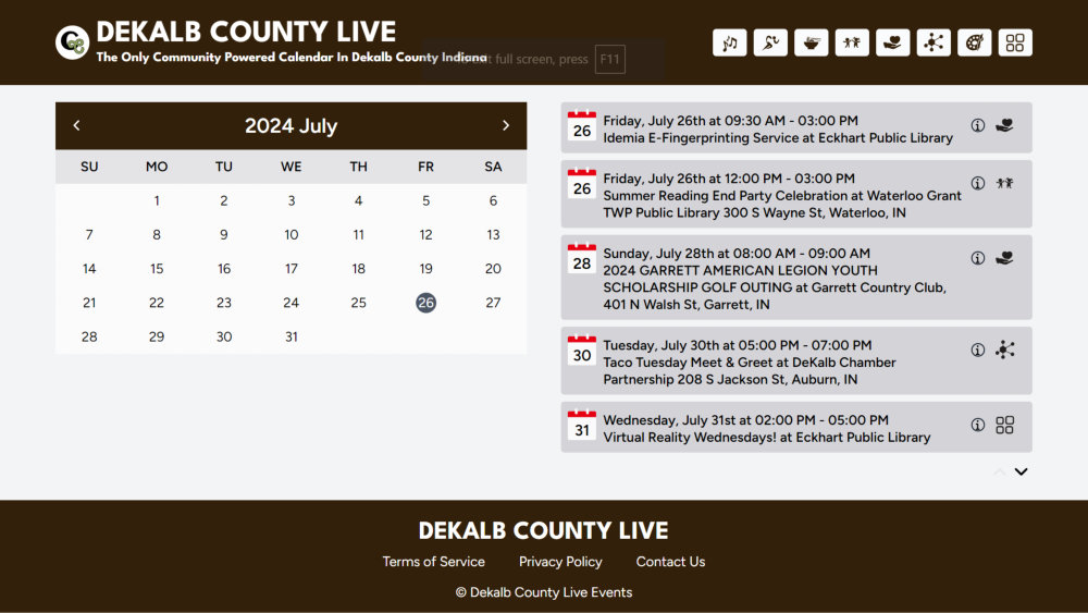 Dekalb County Indiana Live Events Calendar showing events dated July 26th 2024 through July 31st 2024