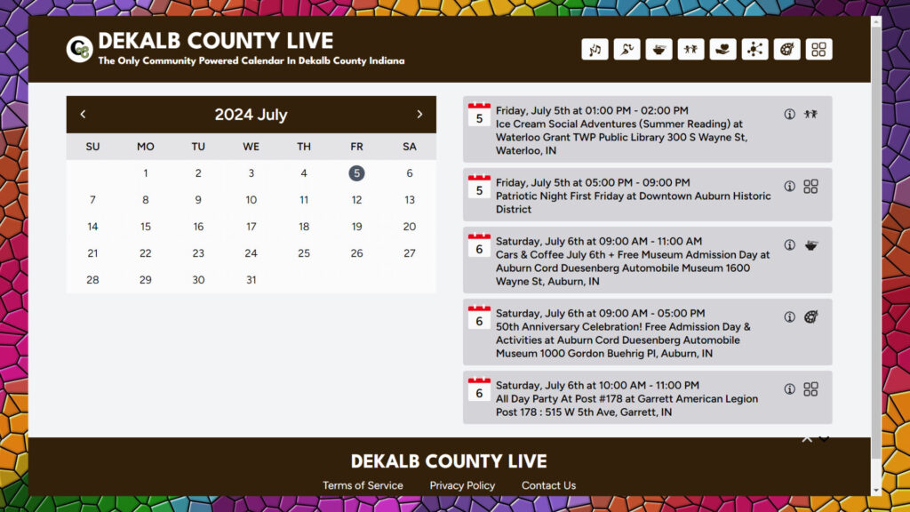 Image of Dekalb County Live events board featuring July 4th, 5th, and 6th 2024.