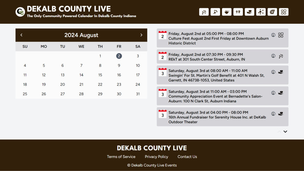 Dekalb County Indiana event calendar showing events for for August 2nd 2024 through August 4th 2024.